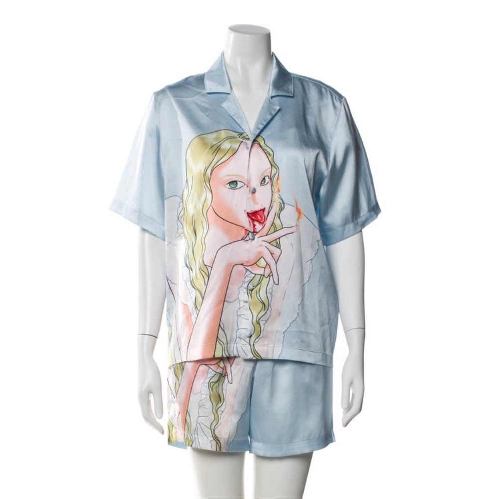 Graphic Light Blue Short Set with Illustrated Front